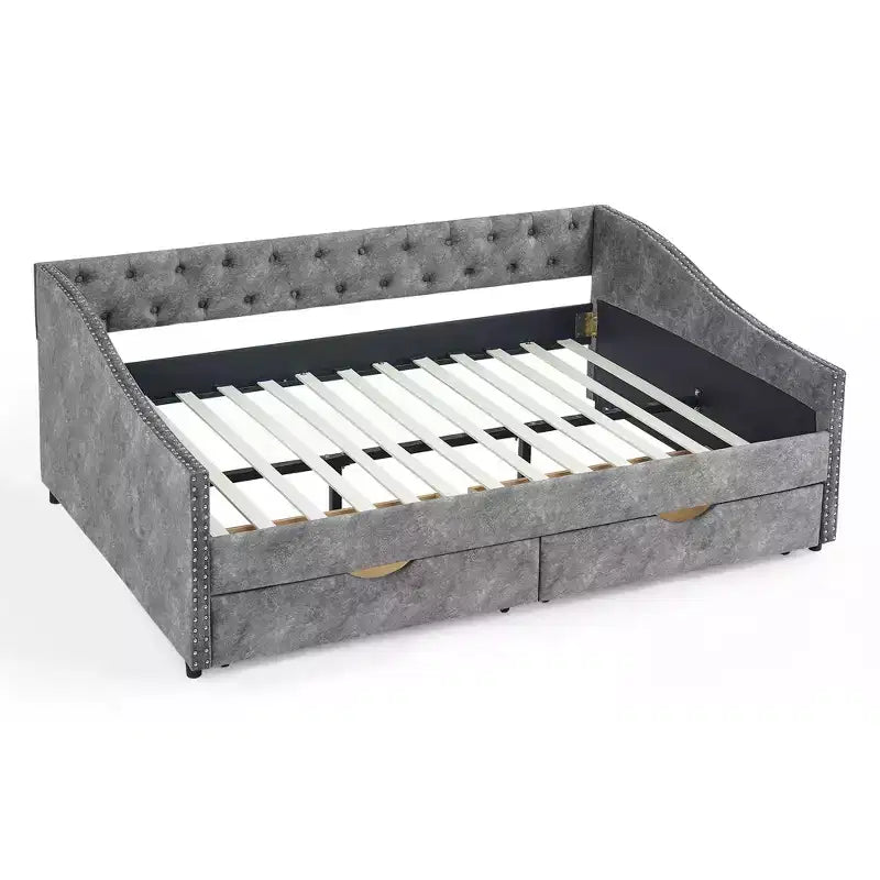 Divano Letto Imbottito Matrimoniale con Bottoni, Cassetti e Bracciolo a Onda, Grigio - ModernLuxe