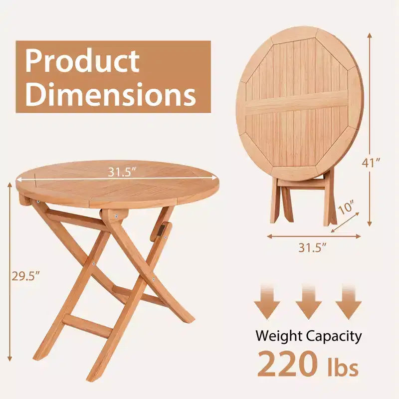 Tavolo da pranzo rotondo pieghevole da 31,5'' per patio, in legno massello di teak indonesiano naturale, portatile per esterni, di Costway