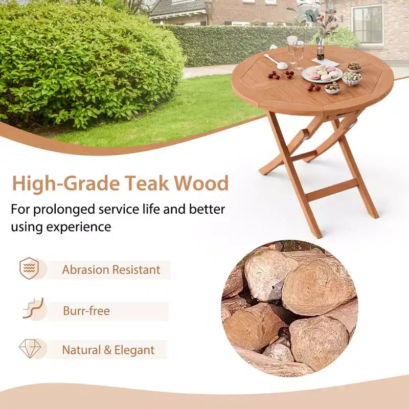 Tavolo da pranzo rotondo pieghevole da 31,5'' per patio, in legno massello di teak indonesiano naturale, portatile per esterni, di Costway