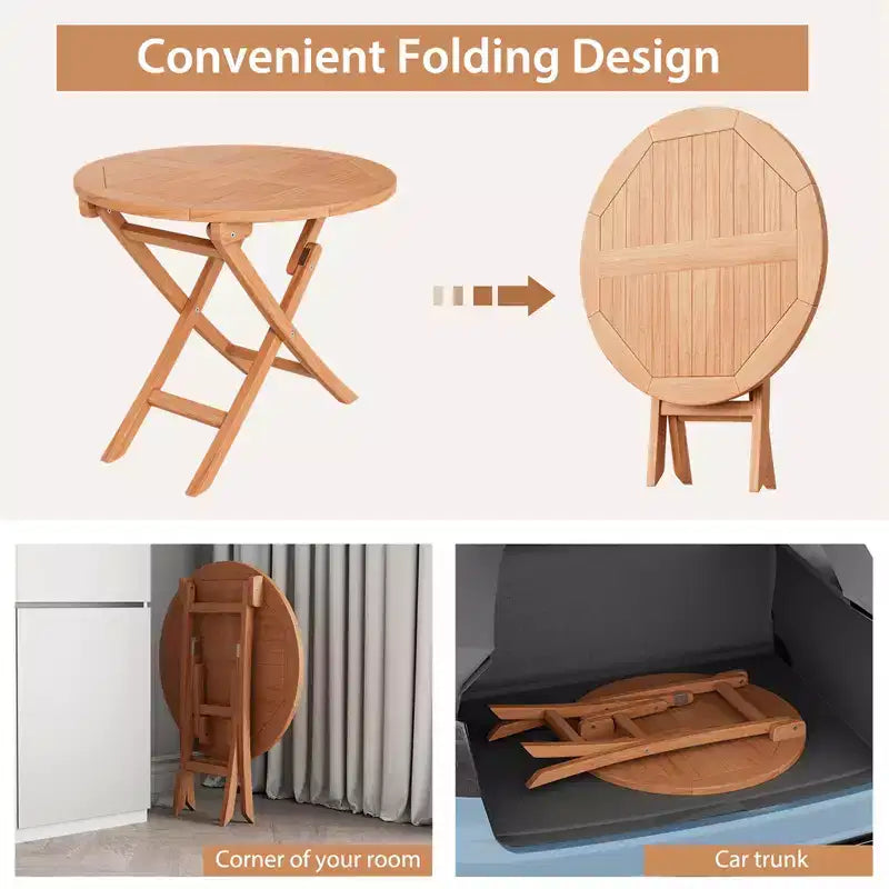 Tavolo da pranzo rotondo pieghevole da 31,5'' per patio, in legno massello di teak indonesiano naturale, portatile per esterni, di Costway