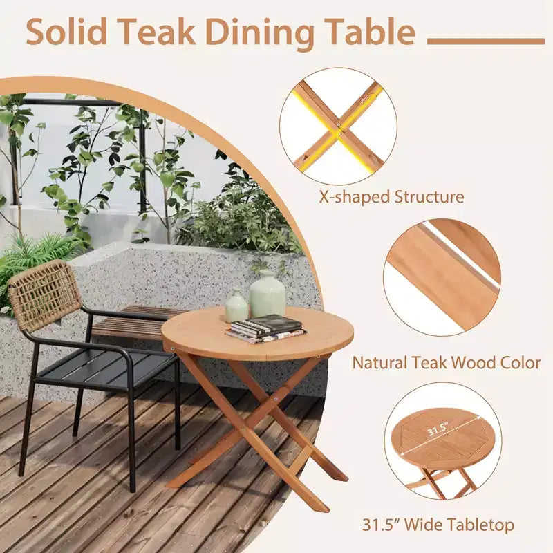Tavolo da pranzo rotondo pieghevole da 31,5'' per patio, in legno massello di teak indonesiano naturale, portatile per esterni, di Costway