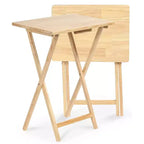 PJ Wood Tavolino Rettangolare Pieghevole in Legno Massello per TV, Snack e Servizio con Portatavoli Compatto, Naturale (Set da 7)