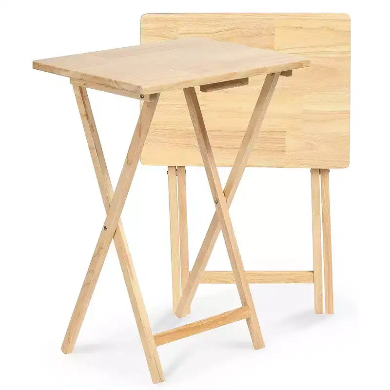 PJ Wood Tavolino Rettangolare Pieghevole in Legno Massello per TV, Snack e Servizio con Portatavoli Compatto, Naturale (Set da 7)