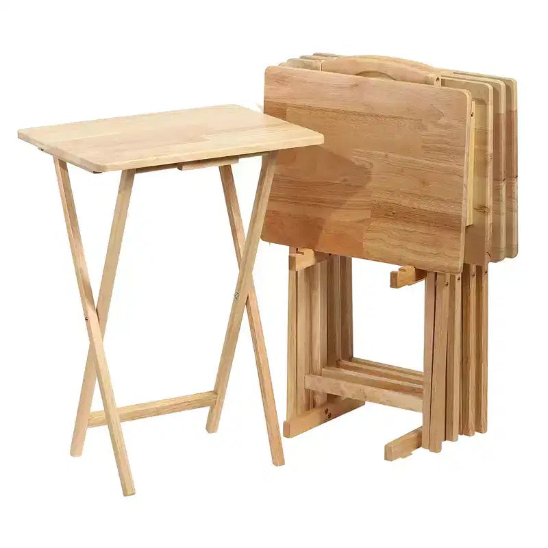 PJ Wood Tavolino Rettangolare Pieghevole in Legno Massello per TV, Snack e Servizio con Portatavoli Compatto, Naturale (Set da 7)