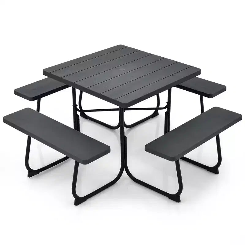 Costway Tavolo da Picnic Quadrato per Esterni da 8 Persone con 4 Panche e Foro per Ombrellone Nero/Grigio/Verde/Bianco