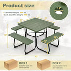 Costway Tavolo da Picnic Quadrato per Esterni da 8 Persone con 4 Panche e Foro per Ombrellone Nero/Grigio/Verde/Bianco