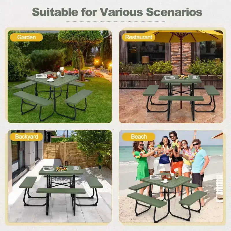 Costway Tavolo da Picnic Quadrato per Esterni da 8 Persone con 4 Panche e Foro per Ombrellone Nero/Grigio/Verde/Bianco