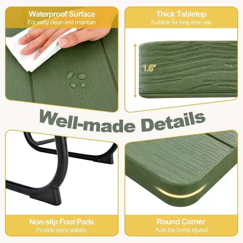 Costway Tavolo da Picnic Quadrato per Esterni da 8 Persone con 4 Panche e Foro per Ombrellone Nero/Grigio/Verde/Bianco