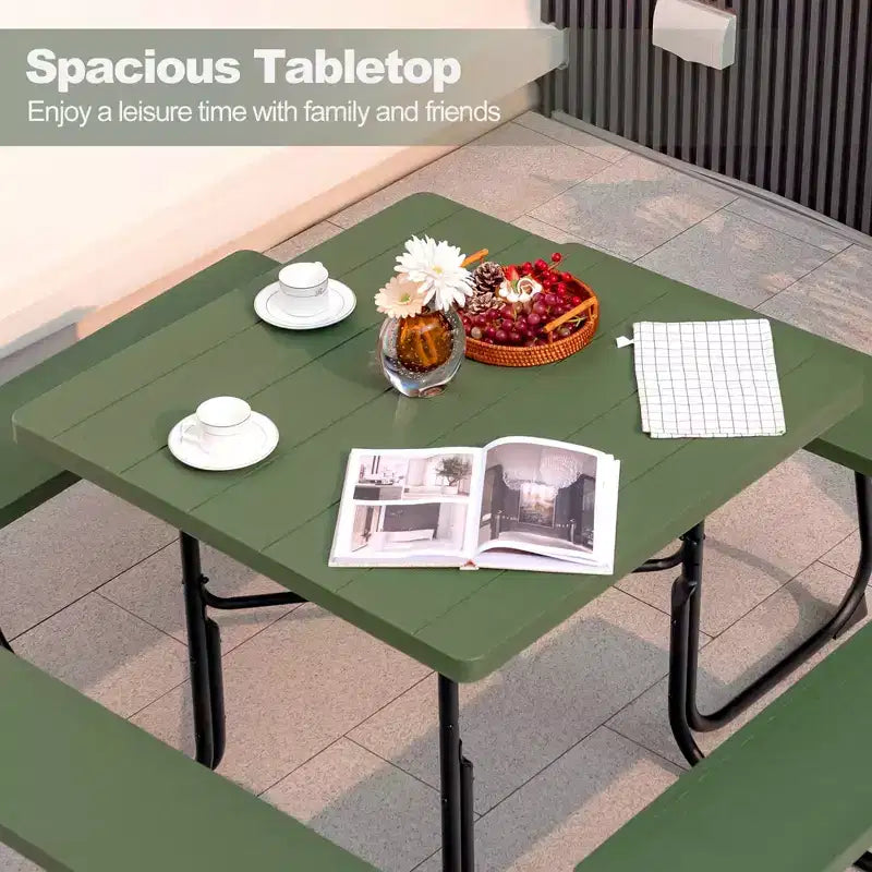 Costway Tavolo da Picnic Quadrato per Esterni da 8 Persone con 4 Panche e Foro per Ombrellone Nero/Grigio/Verde/Bianco