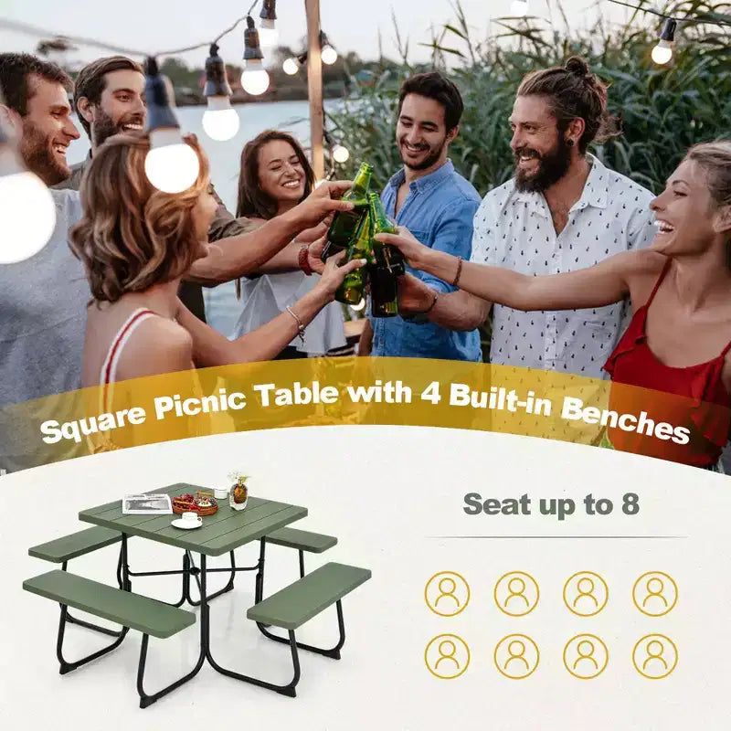 Costway Tavolo da Picnic Quadrato per Esterni da 8 Persone con 4 Panche e Foro per Ombrellone Nero/Grigio/Verde/Bianco