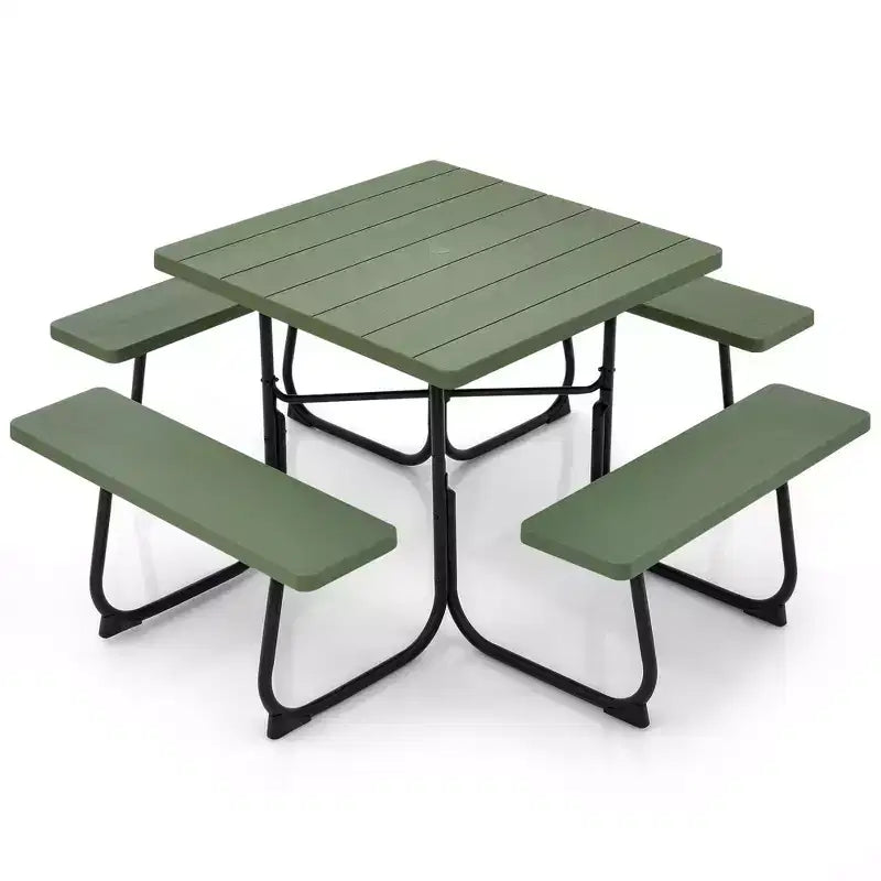 Costway Tavolo da Picnic Quadrato per Esterni da 8 Persone con 4 Panche e Foro per Ombrellone Nero/Grigio/Verde/Bianco