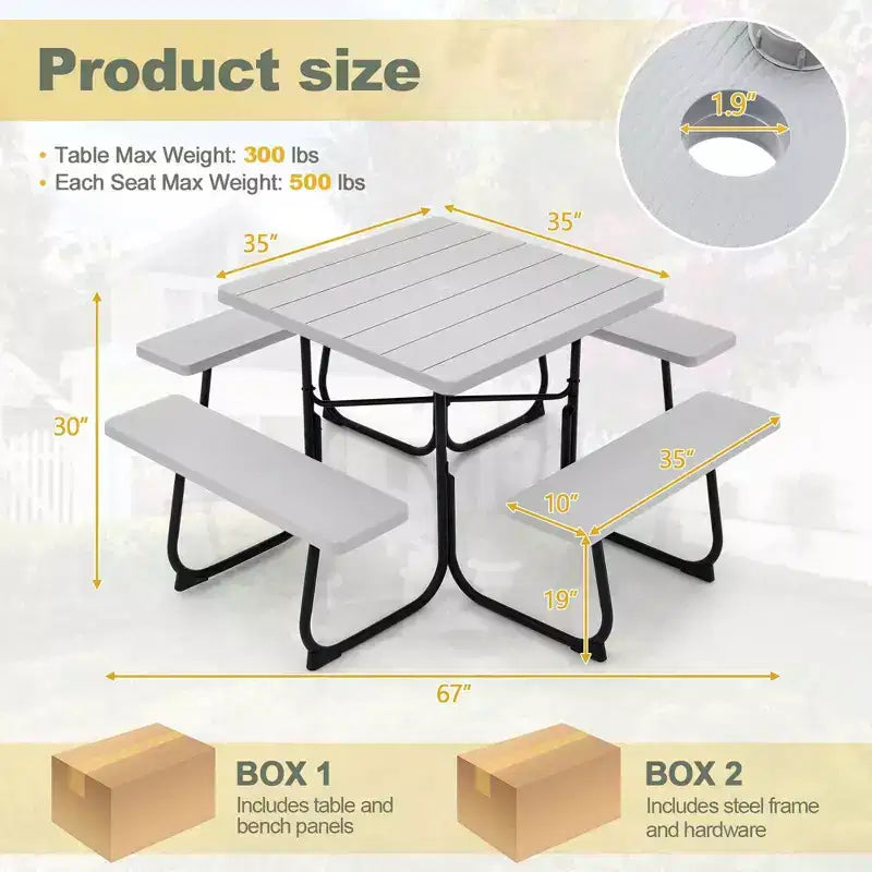 Costway Tavolo da Picnic Quadrato per Esterni da 8 Persone con 4 Panche e Foro per Ombrellone Nero/Grigio/Verde/Bianco