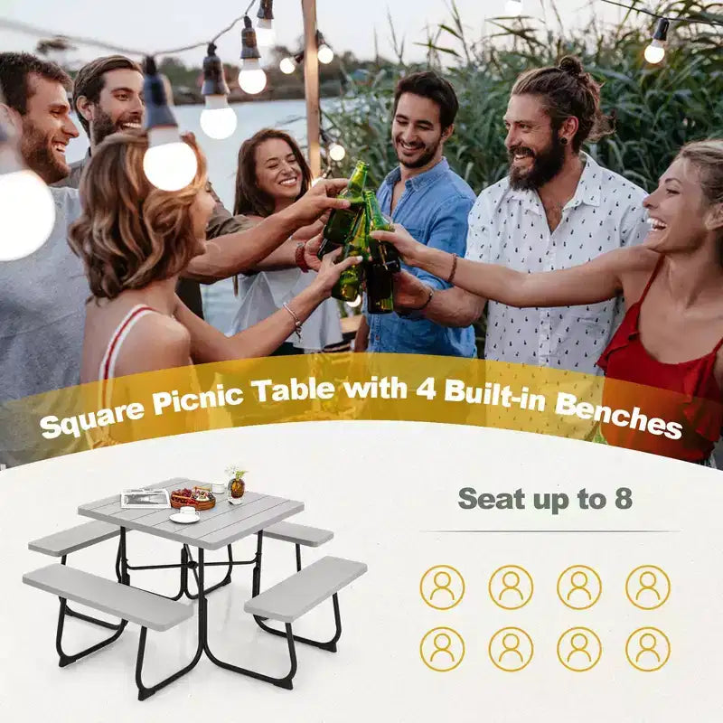 Costway Tavolo da Picnic Quadrato per Esterni da 8 Persone con 4 Panche e Foro per Ombrellone Nero/Grigio/Verde/Bianco