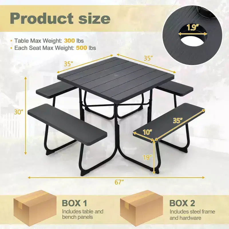 Costway Tavolo da Picnic Quadrato per Esterni da 8 Persone con 4 Panche e Foro per Ombrellone Nero/Grigio/Verde/Bianco