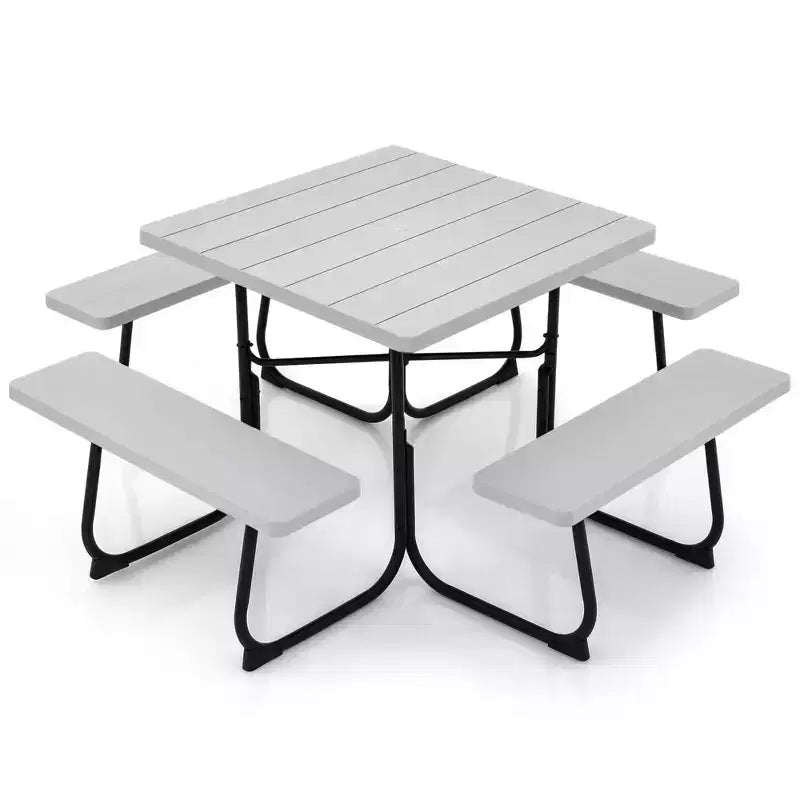 Costway Tavolo da Picnic Quadrato per Esterni da 8 Persone con 4 Panche e Foro per Ombrellone Nero/Grigio/Verde/Bianco