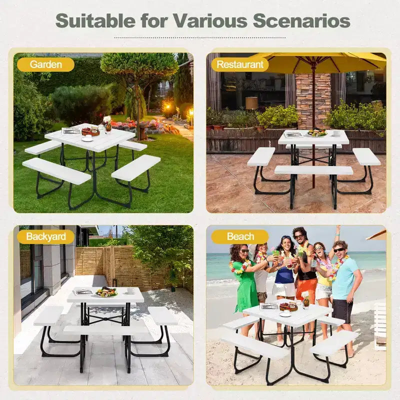 Costway Tavolo da Picnic Quadrato per Esterni da 8 Persone con 4 Panche e Foro per Ombrellone Nero/Grigio/Verde/Bianco