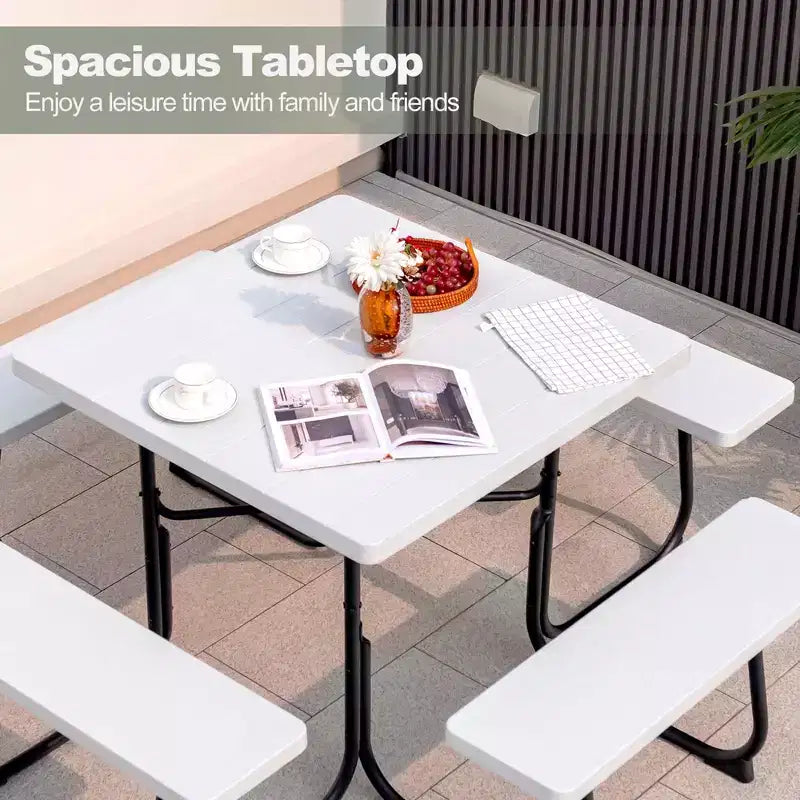 Costway Tavolo da Picnic Quadrato per Esterni da 8 Persone con 4 Panche e Foro per Ombrellone Nero/Grigio/Verde/Bianco