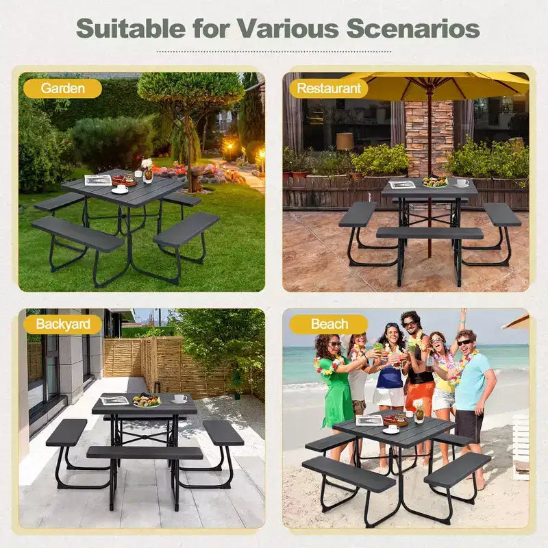 Costway Tavolo da Picnic Quadrato per Esterni da 8 Persone con 4 Panche e Foro per Ombrellone Nero/Grigio/Verde/Bianco