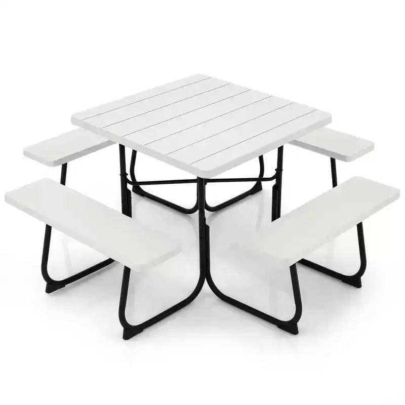 Costway Tavolo da Picnic Quadrato per Esterni da 8 Persone con 4 Panche e Foro per Ombrellone Nero/Grigio/Verde/Bianco
