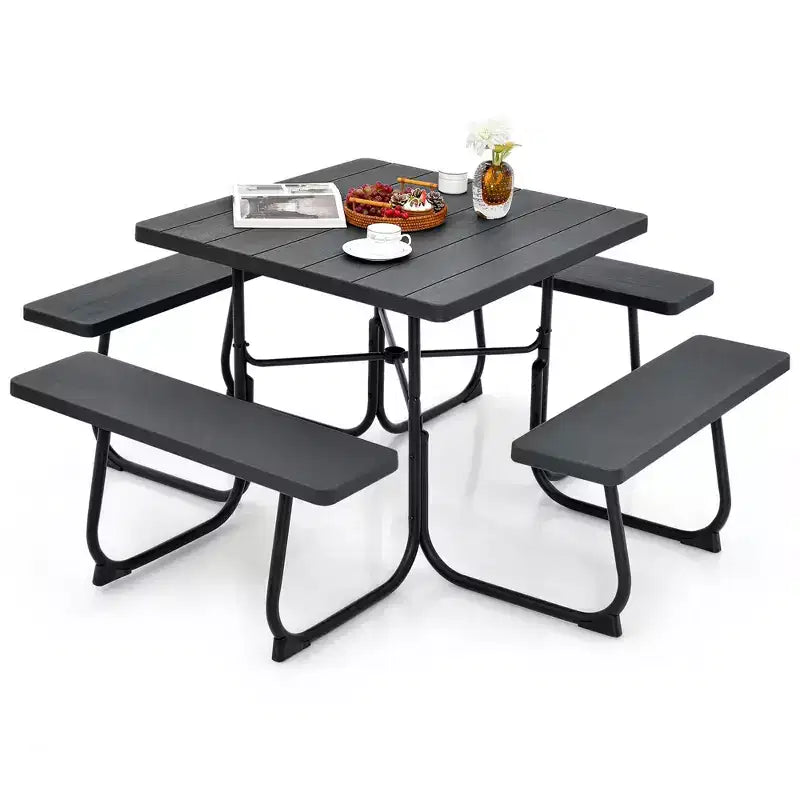Costway Outdoor 8-person Square Picnic Table Bench Set with 4 Benches & Umbrella Hole Black/Grey/Green/White