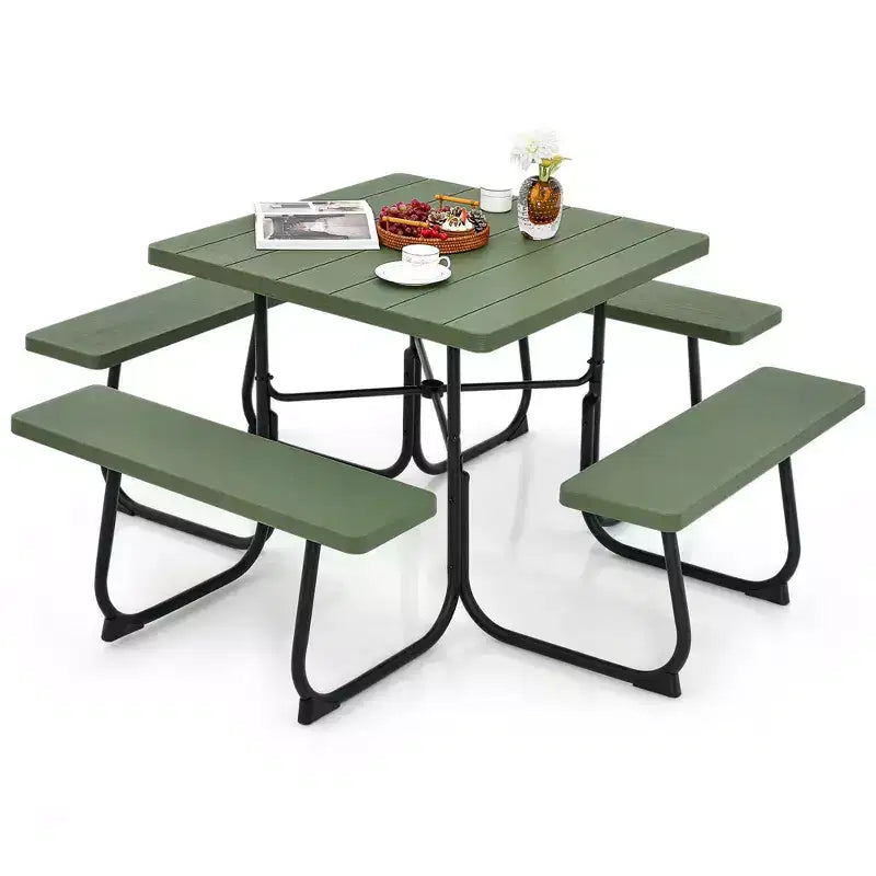Costway Tavolo da Picnic Quadrato per Esterni da 8 Persone con 4 Panche e Foro per Ombrellone Nero/Grigio/Verde/Bianco
