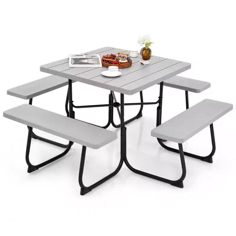 Costway Tavolo da Picnic Quadrato per Esterni da 8 Persone con 4 Panche e Foro per Ombrellone Nero/Grigio/Verde/Bianco