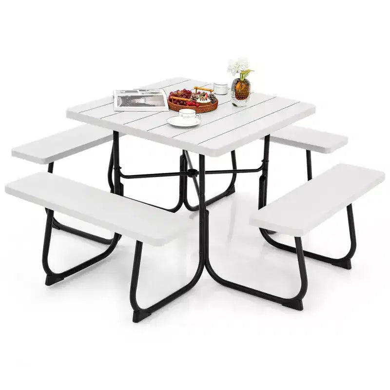 Costway Tavolo da Picnic Quadrato per Esterni da 8 Persone con 4 Panche e Foro per Ombrellone Nero/Grigio/Verde/Bianco