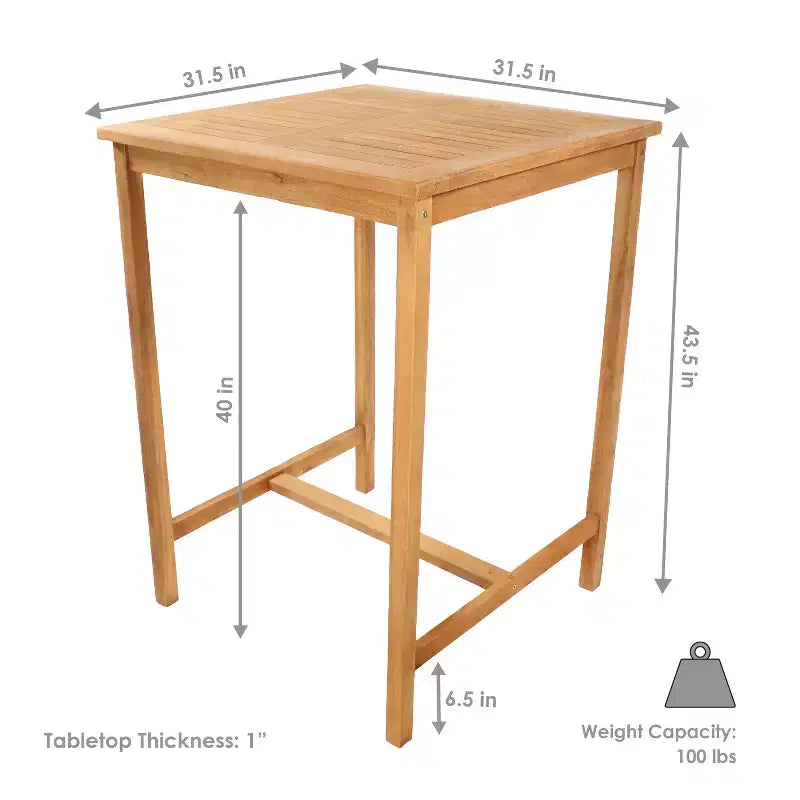 Tavolo da bar quadrato da esterno Sunnydaze in legno di teak - 79 cm x 110,5 cm H - Marrone