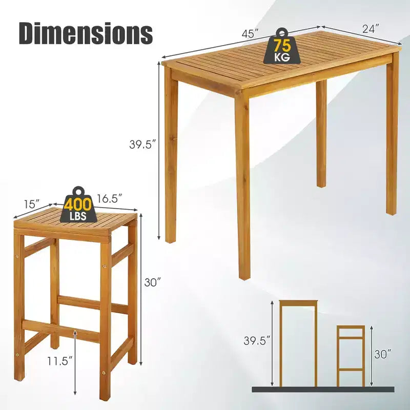 Set da 7 pezzi da bar Costway in legno di acacia con tavolo da pranzo rettangolare da 45 pollici e 6 sgabelli a sella
