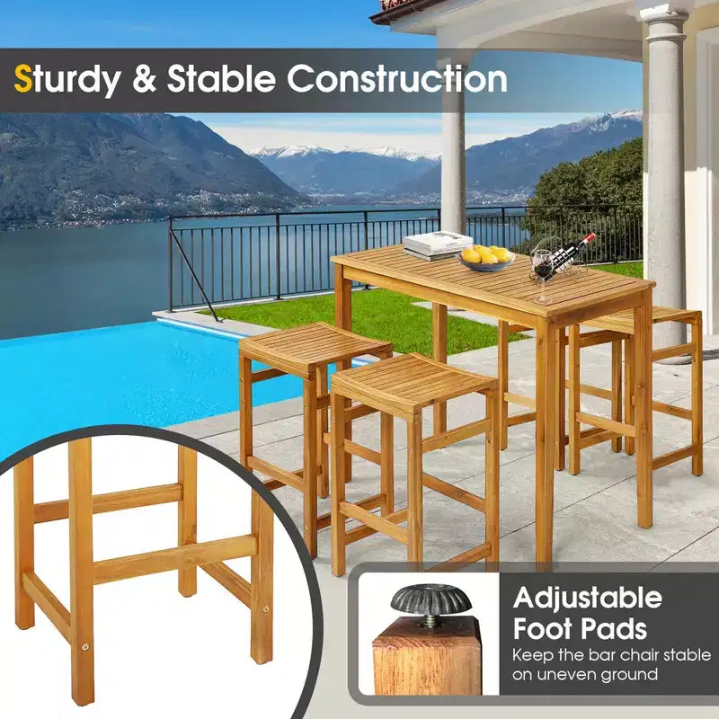 Set da 7 pezzi da bar Costway in legno di acacia con tavolo da pranzo rettangolare da 45 pollici e 6 sgabelli a sella