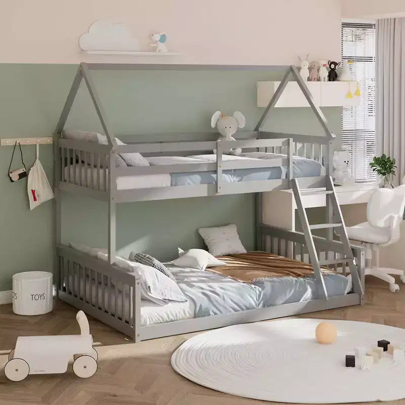 Costway Twin Over Full House Bunk Bed with Ladder & Guardrails Convertible to 2 Beds