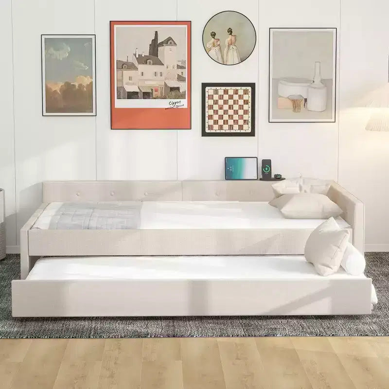 Letto a piattaforma imbottito Full/Queen Size con porte USB, divano letto moderno con letto estraibile, beige - ModernLuxe