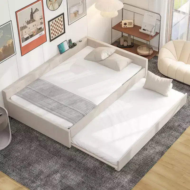 Letto a piattaforma imbottito Full/Queen Size con porte USB, divano letto moderno con letto estraibile, beige - ModernLuxe