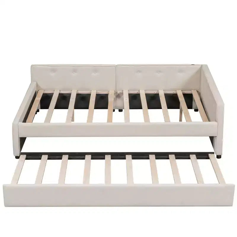 Letto a piattaforma imbottito Full/Queen Size con porte USB, divano letto moderno con letto estraibile, beige - ModernLuxe