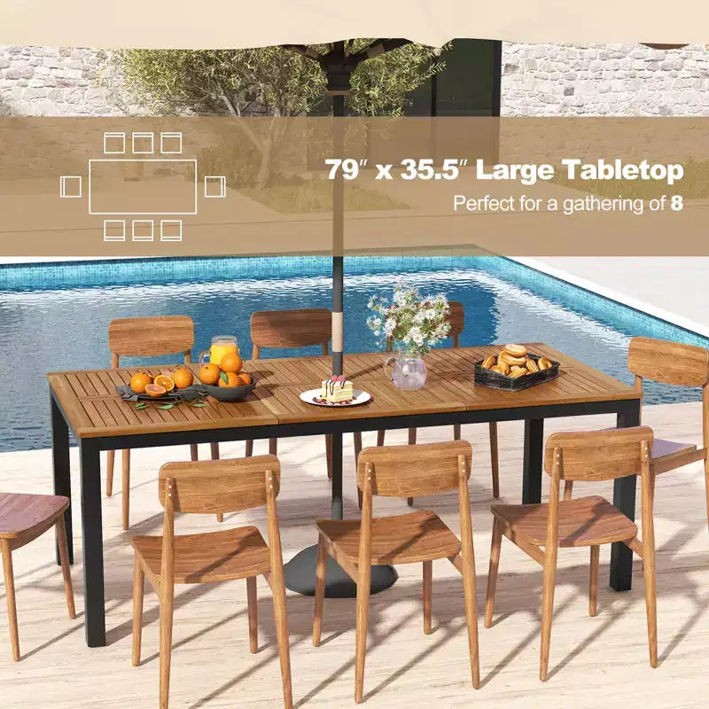 Tavolo da patio Costway 79 in legno di acacia, tavolo da pranzo per esterni 8 persone con foro per ombrellone