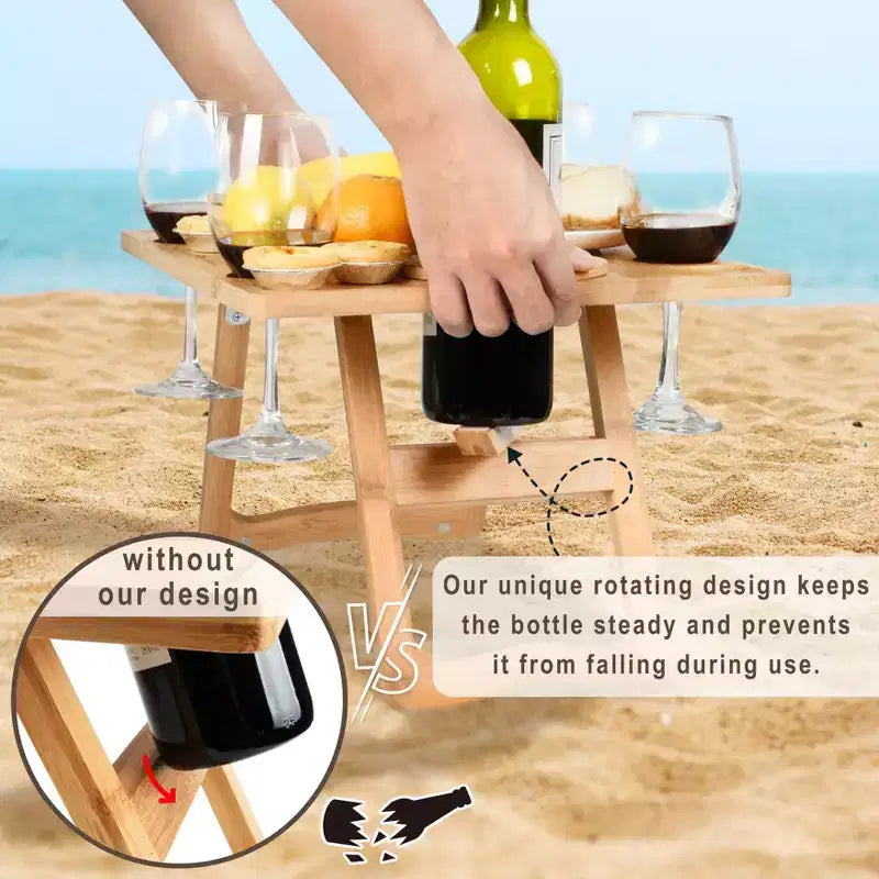 Tavolino da vino da picnic pieghevole portatile Tirrinia 12.6 x 17 in bambù ecologico naturale, per degustazioni di vino all'aperto, raduni, allestimento picnic al parco