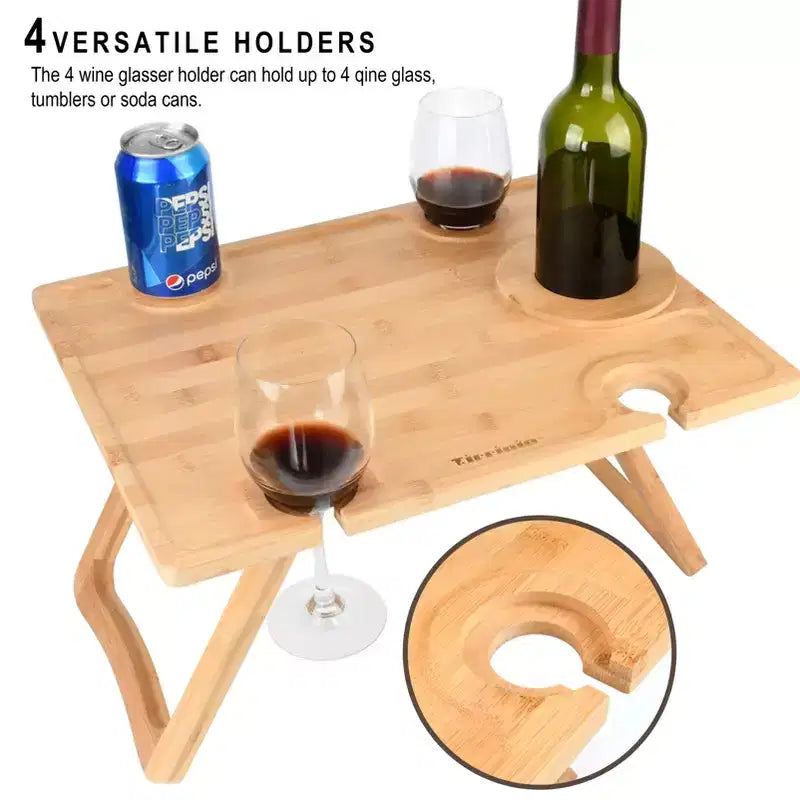 Tavolino da vino da picnic pieghevole portatile Tirrinia 12.6 x 17 in bambù ecologico naturale, per degustazioni di vino all'aperto, raduni, allestimento picnic al parco