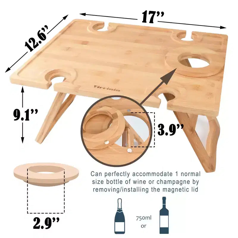 Tavolino da vino da picnic pieghevole portatile Tirrinia 12.6 x 17 in bambù ecologico naturale, per degustazioni di vino all'aperto, raduni, allestimento picnic al parco