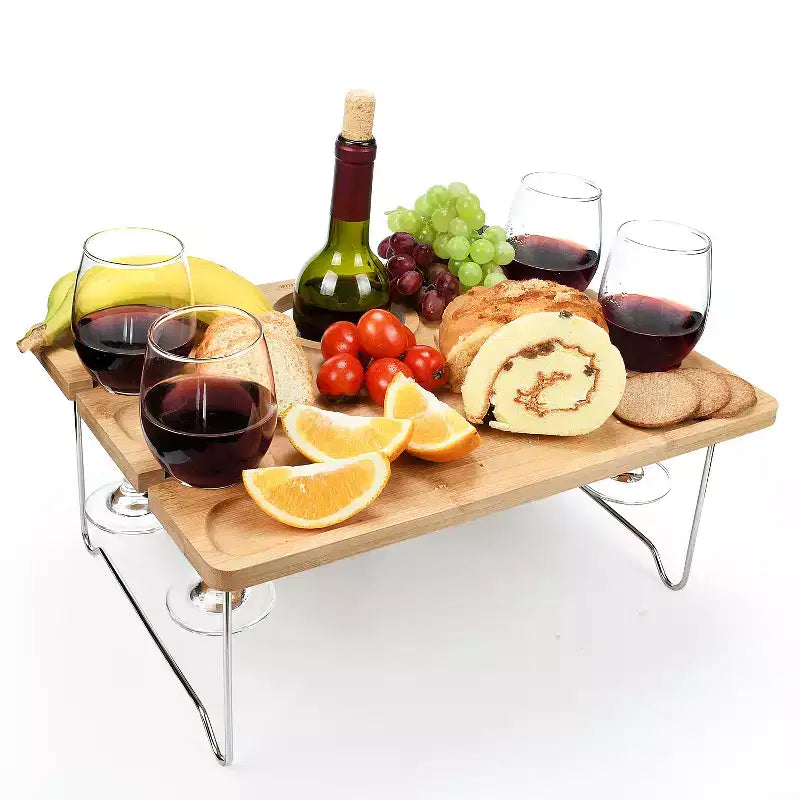 Tirrinia Natural Bamboo Wine Picnic Table, Folding Portable Outdoor Snack & Cheese Tray for Concerts at Park or Party, Beach, Summer Camping