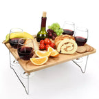 Tirrinia Natural Bamboo Wine Picnic Table, Folding Portable Outdoor Snack & Cheese Tray for Concerts at Park or Party, Beach, Summer Camping