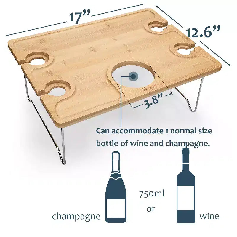 Tavolino da picnic per vino Tirrinia in bambù naturale, vassoio pieghevole portatile per snack e formaggi per concerti al parco o feste, spiaggia, campeggio estivo