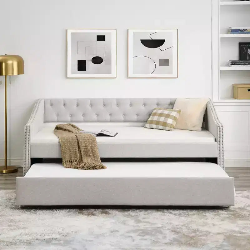 Letto a Giorno Matrimoniale/Una Piazza e Mezza con Letto Estraibile, Divano Letto Imbottito Capitonnè con Bottoni e Braccioli Ondulati - ModernLuxe