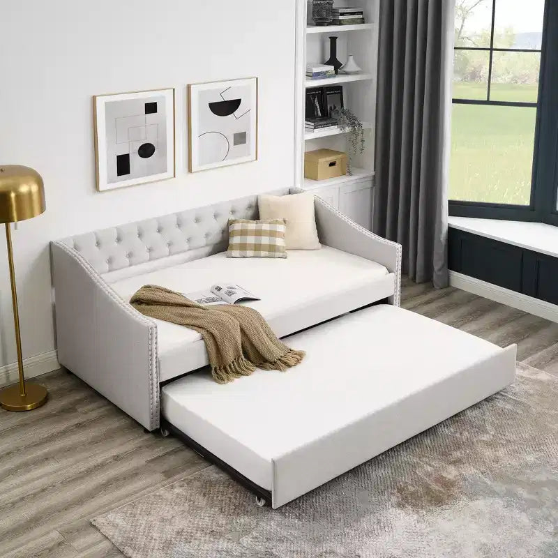 Letto a Giorno Matrimoniale/Una Piazza e Mezza con Letto Estraibile, Divano Letto Imbottito Capitonnè con Bottoni e Braccioli Ondulati - ModernLuxe