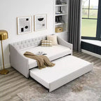 Letto a Giorno Matrimoniale/Una Piazza e Mezza con Letto Estraibile, Divano Letto Imbottito Capitonnè con Bottoni e Braccioli Ondulati - ModernLuxe
