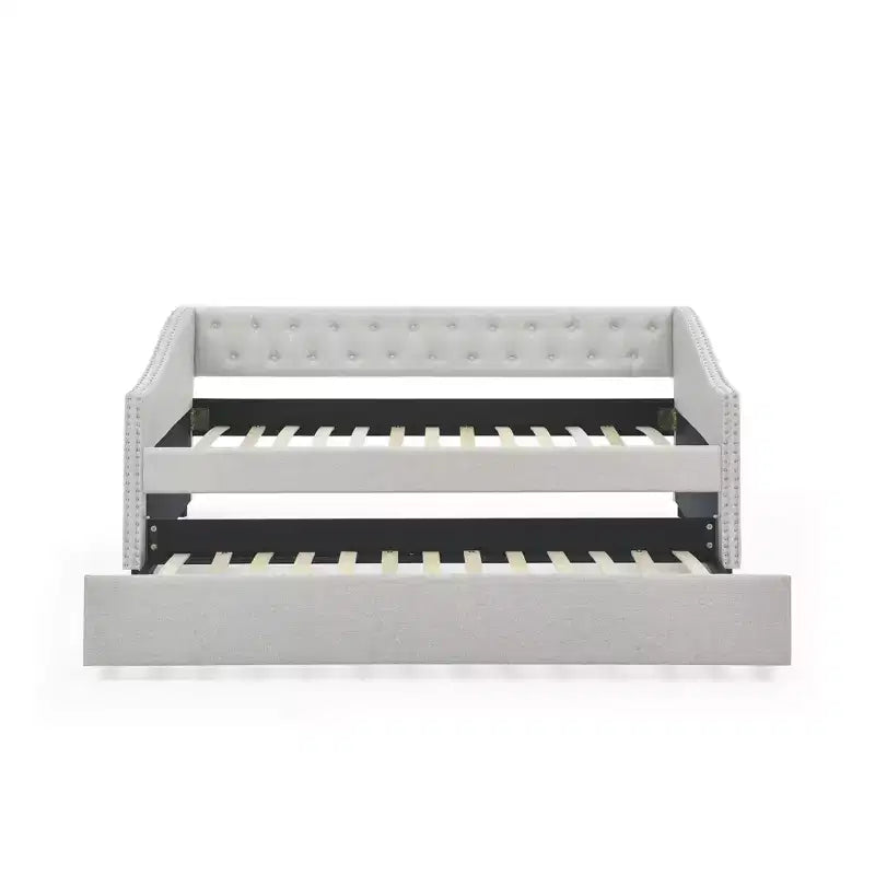 Letto a Giorno Matrimoniale/Una Piazza e Mezza con Letto Estraibile, Divano Letto Imbottito Capitonnè con Bottoni e Braccioli Ondulati - ModernLuxe
