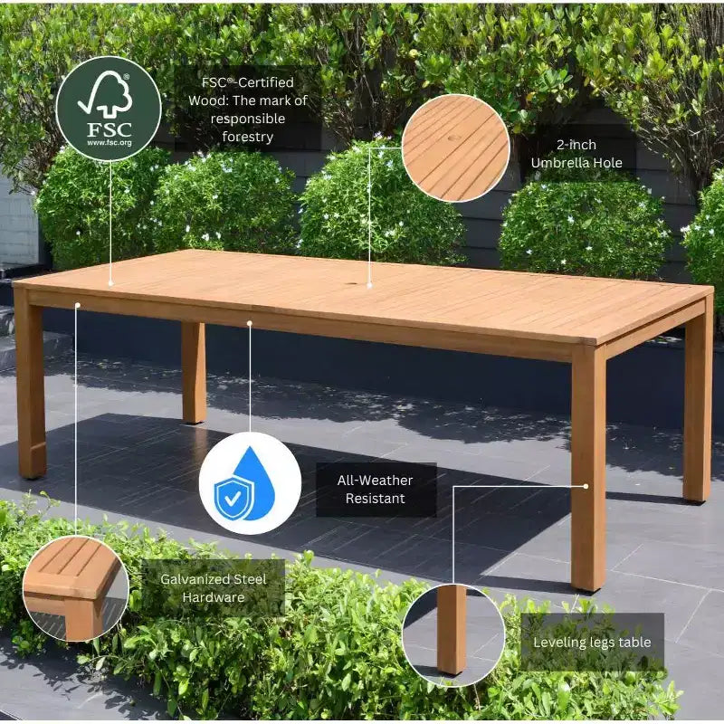Set da pranzo da esterno rettangolare CozyCraze in eucalipto a 9 pezzi Amazonia