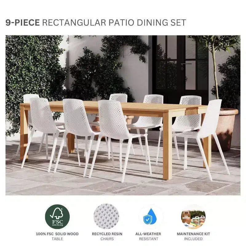 Set da pranzo da esterno rettangolare CozyCraze in eucalipto a 9 pezzi Amazonia