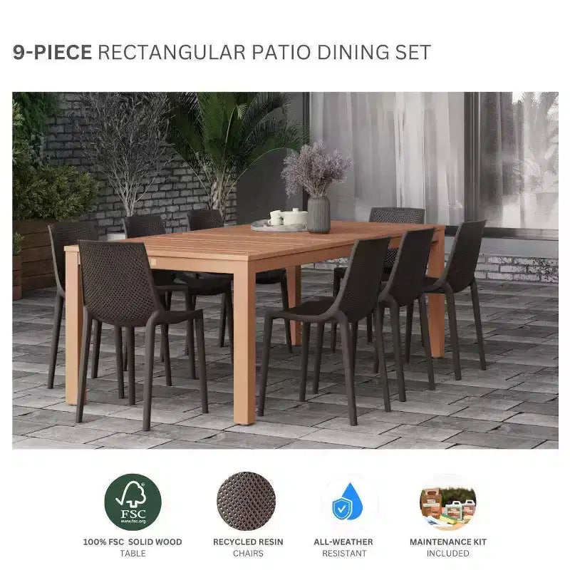 Set da pranzo da esterno rettangolare CozyCraze in eucalipto a 9 pezzi Amazonia