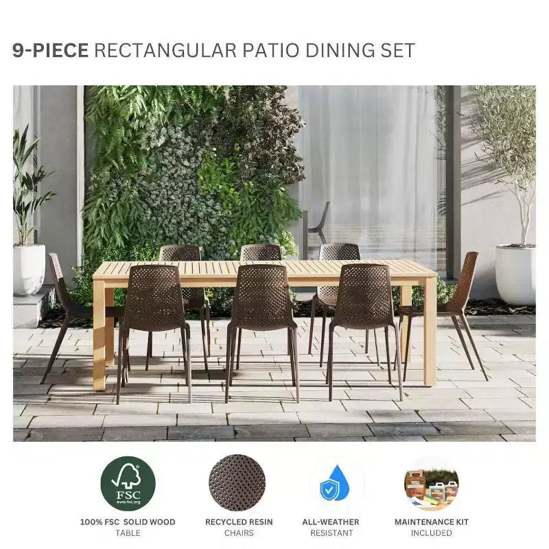 Set da pranzo da esterno rettangolare CozyCraze in eucalipto a 9 pezzi Amazonia