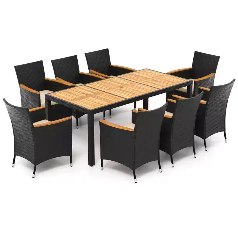 Costway Set da Pranzo per Esterni 9 Pezzi con Tavolo in Legno di Acacia, Foro per Ombrellone, Cuscini Seduta